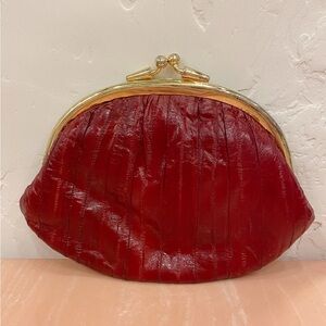 Vintage Red Eel Skin Leather Kiss Lock Coin Purse Wallet with Gold Hardware